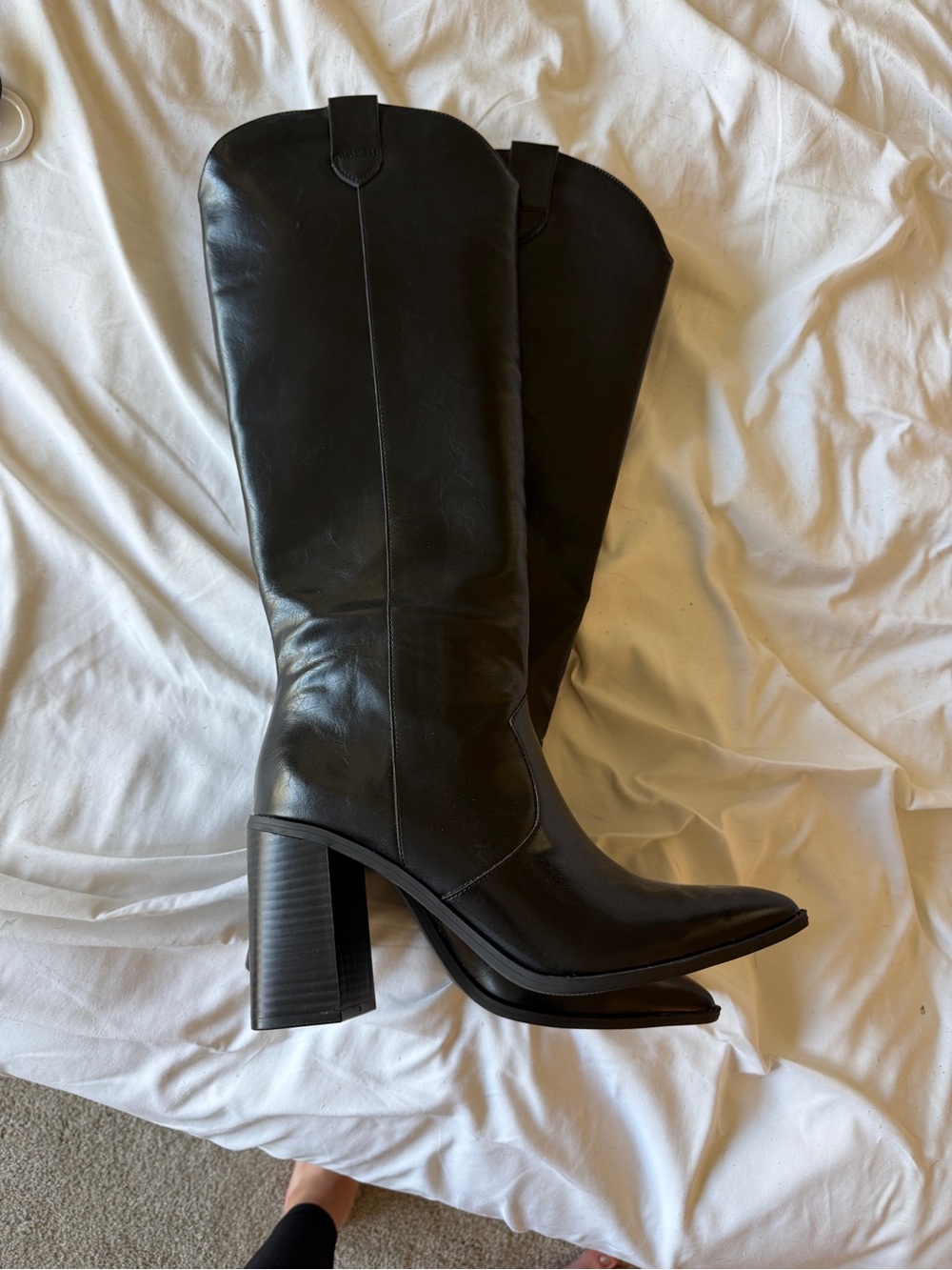 Women's Black Tall Leather Block Heel Boots